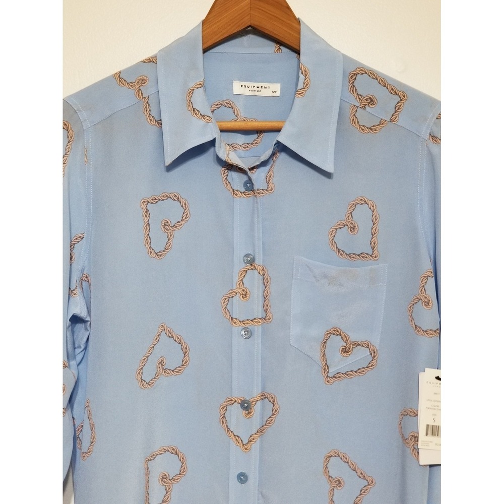 Equipment Brett 100% Silk Button Down Shirt Periwinkle Heart Print NWT S $258 - Picture 8 of 16